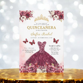 Convites Floral Burgundy Butterfly Princess Quinceanera