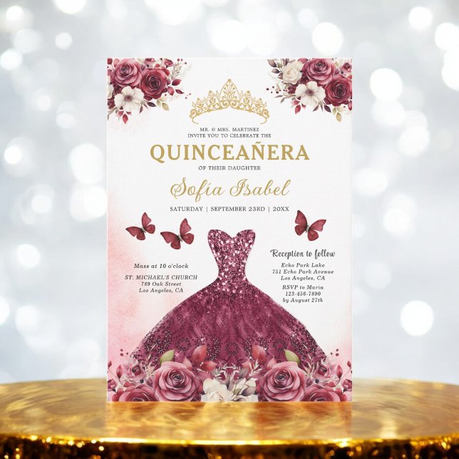 Convites Floral Burgundy Butterfly Princess Quinceanera (Criador carregado)