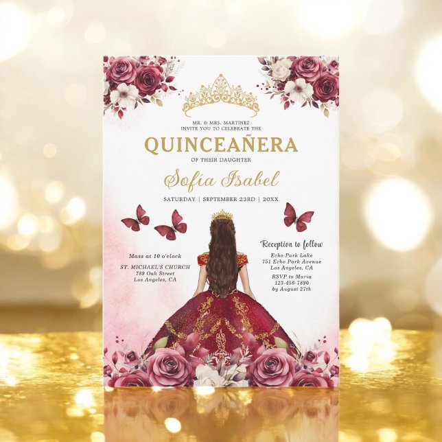 Convites Floral Burgundy Butterfly Princess Quinceanera (Criador carregado)
