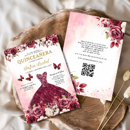 Convites Floral Burgundy Código QR Princesa Quinceanera