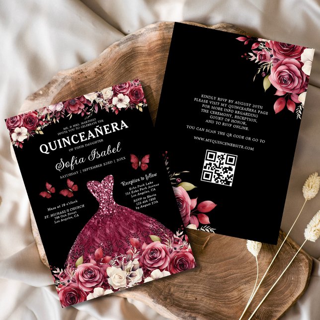 Convites Floral Burgundy Código QR Princesa Quinceanera (Criador carregado)