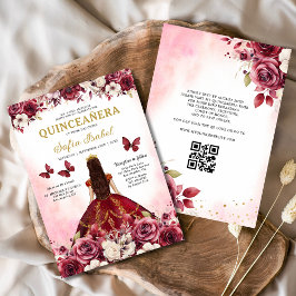 Convites Floral Burgundy Código QR Princesa Quinceanera
