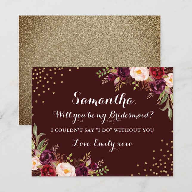 Convites Floral Burgundy Dourada Você Será Minha Porta-Voz (Frente/Verso)