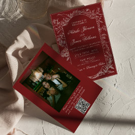 Convites Floral Burgundy Elegante Código QR Foto Casamento