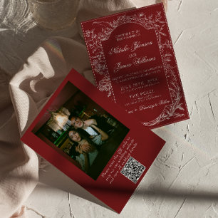 Convites Floral Burgundy Elegante Código QR Foto Casamento