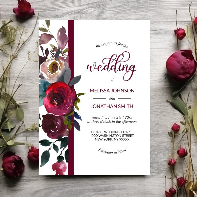 Convites Floral Burgundy Marsala Merlot Rosas de Vinho Casa (Floral Burgundy Marsala Merlot Wine Roses Wedding Invitation)