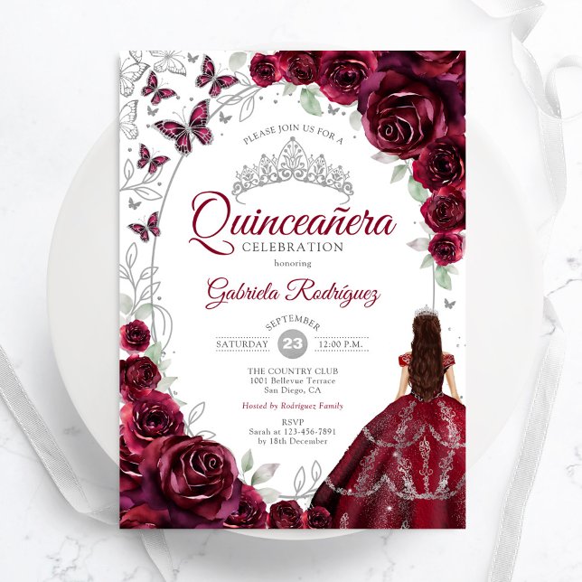 Convites Floral Burgundy Prata Quinceanera (Criador carregado)