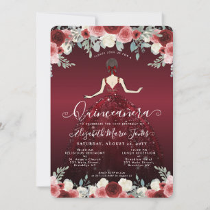 Convites Floral Burgundy Red Princess Birthday Quinceanera