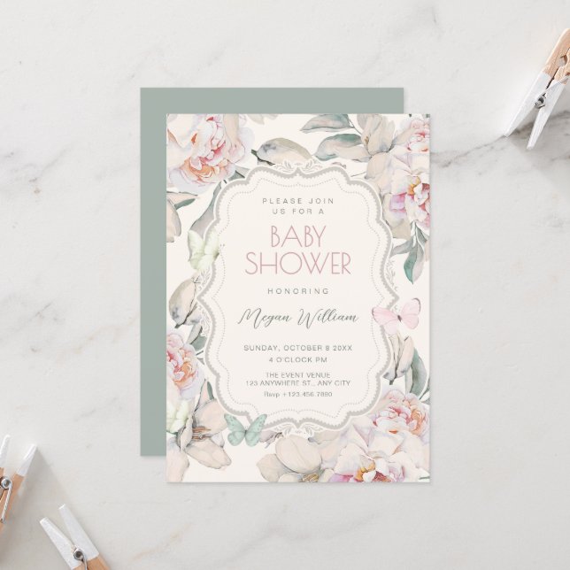 Convites Floral butterfly baby shower (Frente/Verso In Situ)