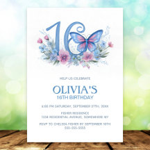 Floral Butterfly Blue 16th Birthday Party