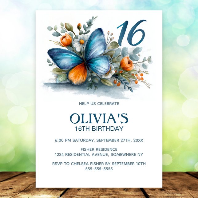 Convites Floral Butterfly Blue Orange 16th Birthday Party (Criador carregado)
