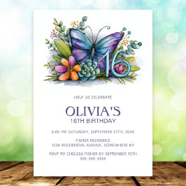 Convites Floral Butterfly Blue Purple 16th Birthday Party