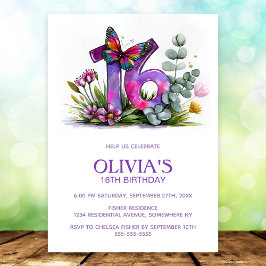 Convites Floral Butterfly Purple Pink 16th Birthday Party