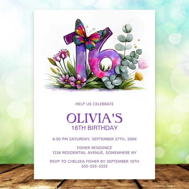 Convites Floral Butterfly Purple Pink 16th Birthday Party (Criador carregado)