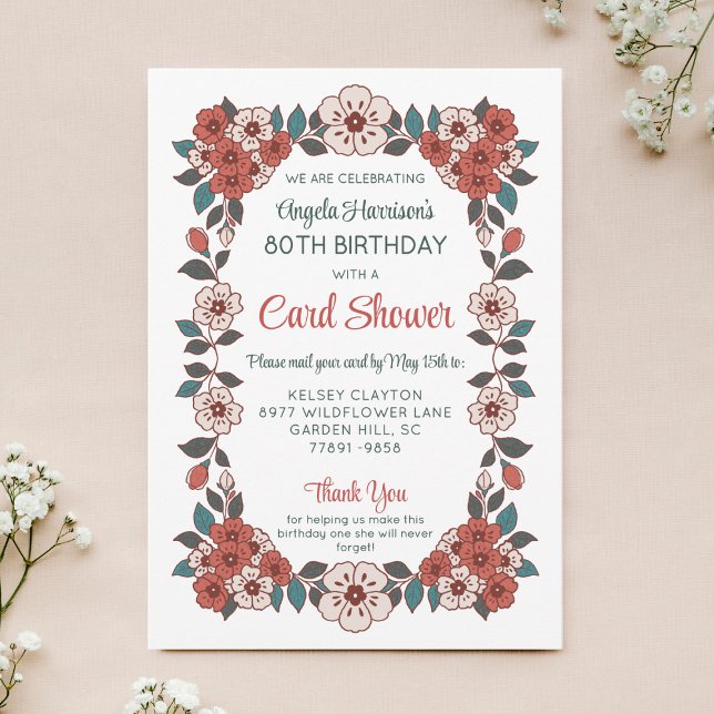 Convites Floral Card Shower 80th Birthday Invitation (Criador carregado)