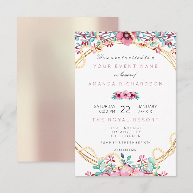 Convites Floral Casamento Aniversário Dourado Pérolas Rosa  (Frente/Verso)