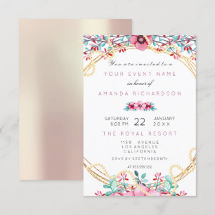 Convites Floral Casamento Aniversário Dourado Pérolas Rosa 