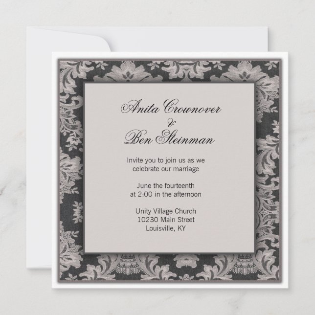 Convites Floral casamento tema damasco preto e prateado (Frente)