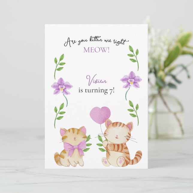 Convites Floral Cat Kids Birthday Party (Em pé/Frente)