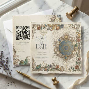 Convites Floral Celestial Vintage Casamento QR Salve a Data