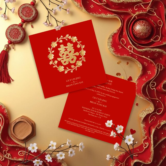 Convites  Floral Charming Glitter Chinese Double Happiness (Charming Glitter Effect Floral Chinese Double Happiness Symbol Wedding Engagement Party Invitation.)