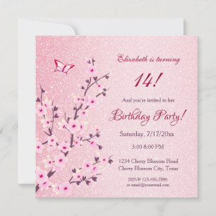 Convites Floral Cherry Blossomo Rosa Brilhante Aniversário