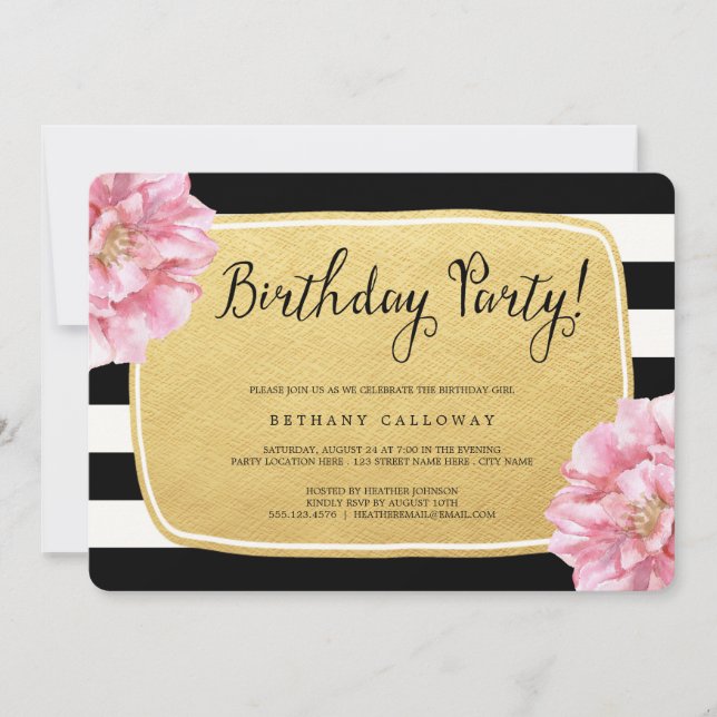 Convites Floral Chic Birthday Invite/Faux Gold Foil (Frente)