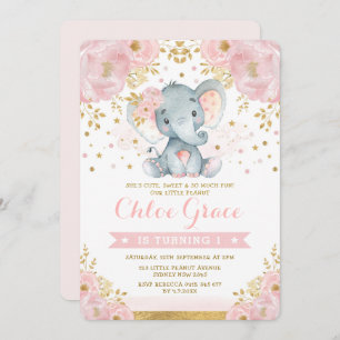 Convites Floral Chic do primeiro aniversario Elefante Doura