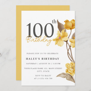 Convites Floral Chic Elegant Simple Yellow 100º Aniversário