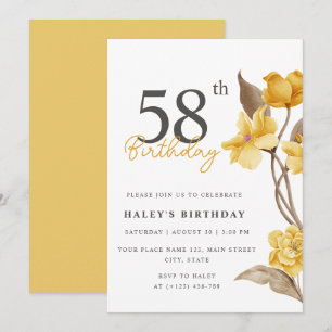 Convites Floral Chic Elegant Simple Yellow 58º aniversário