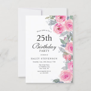 Convites Floral Chic Feminino em Aquarela Rosa para 25º Ani