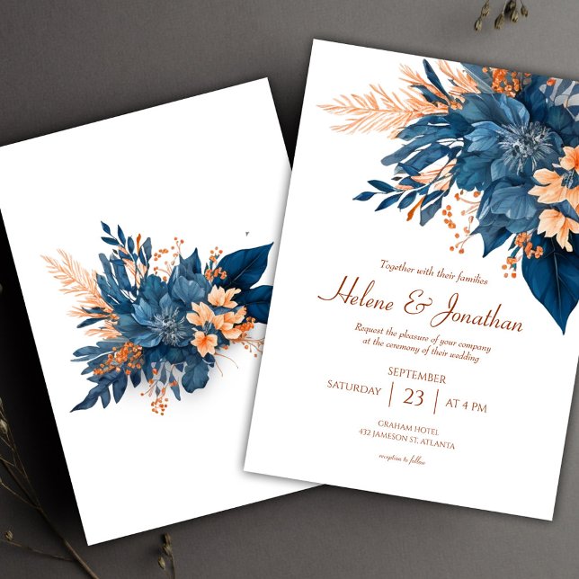 Convites Floral Chic Indigo Rust Wedding (Floral Chic Indigo Rust Wedding Invitation)