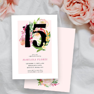 Convites Floral Chic Número 15 Quinceanera Rosa e Dourado