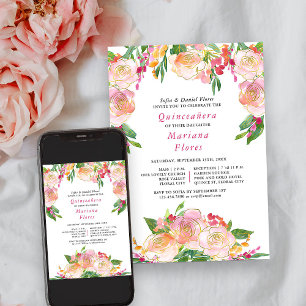 Convites Floral Chic Rosa e Dourado Quinceanera e Missa