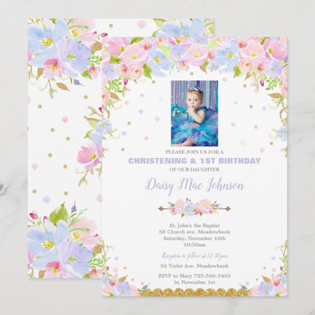 Convites Floral Christening primeiro aniversario Girl (Frente/Verso)
