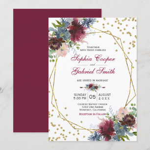 Convites Floral cor-de-rosa Marinho Casamento Dourado