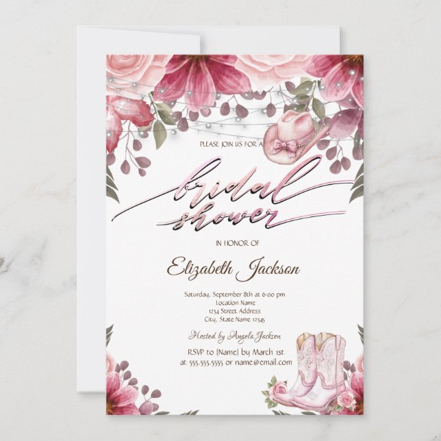 Convites Floral Cowgirl Boots Hat Lights Bridal Shower  (Frente)