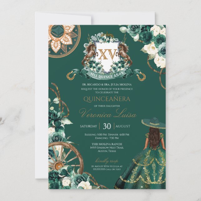 Convites Floral Crest Emerald Green Charro Quinceañera (Frente)