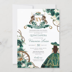 Convites Floral Crest Emerald Green Charro Quinceanera