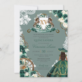 Convites Floral Crest Emerald Green Charro Quinceanera