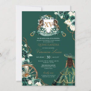 Convites Floral Crest Emerald Green Charro Quinceanera Invi