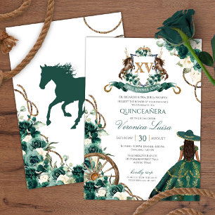 Convites Floral Crest Emerald Green Charro Quinceanera Invi
