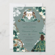 Floral Crest Emerald Green Charro Quinceanera Invi