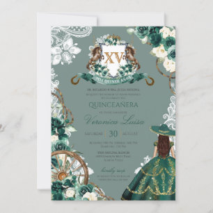 Convites Floral Crest Emerald Green Charro Quinceanera Invi