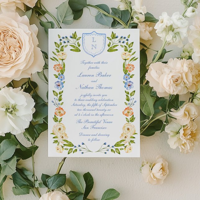 Convites Floral Crest Frame Wedding Invitation (Criador carregado)