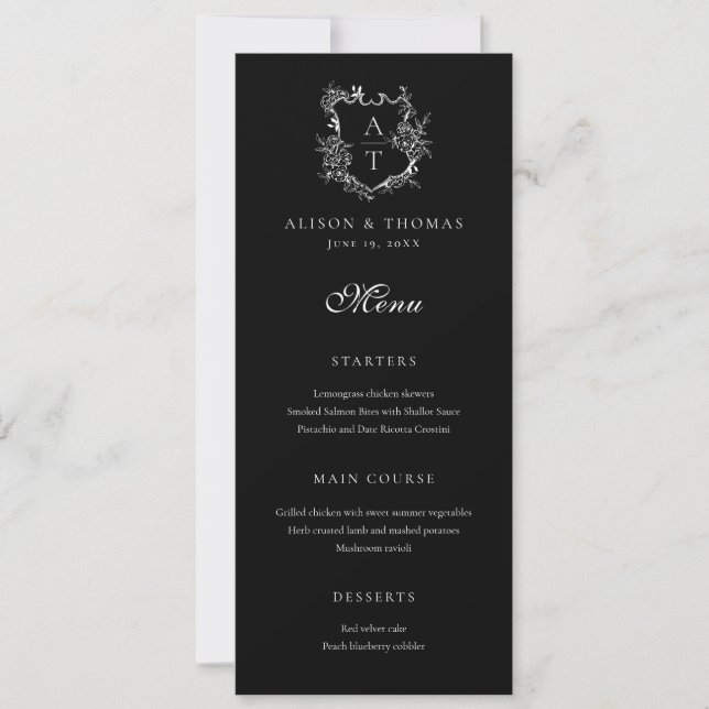 Convites Floral Crest Monogramas Menu Plano de Casamento (Frente)