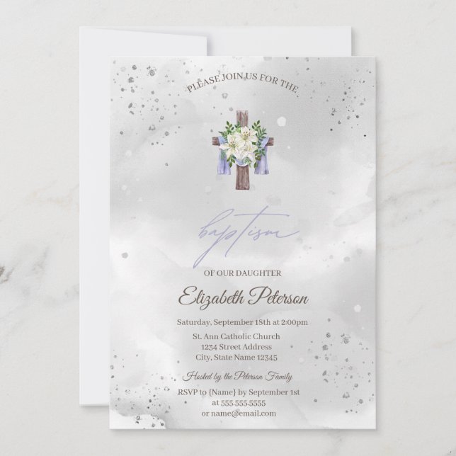 Convites Floral Cross Baptism (Frente)