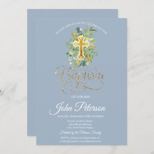 Convites Floral Cross Baptism Dusty Blue