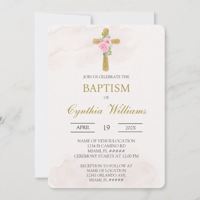 Convites Floral cross beige baptism (Frente)