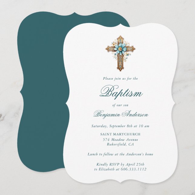Convites Floral Cross Boy Baptism (Frente/Verso)